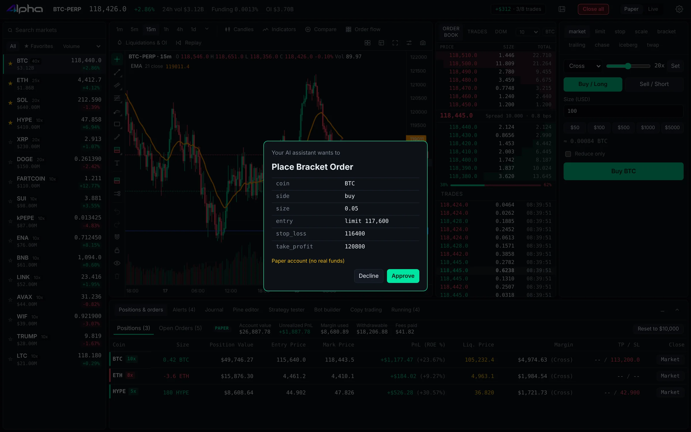 Claude asking for approval to place a bracket order on BTC