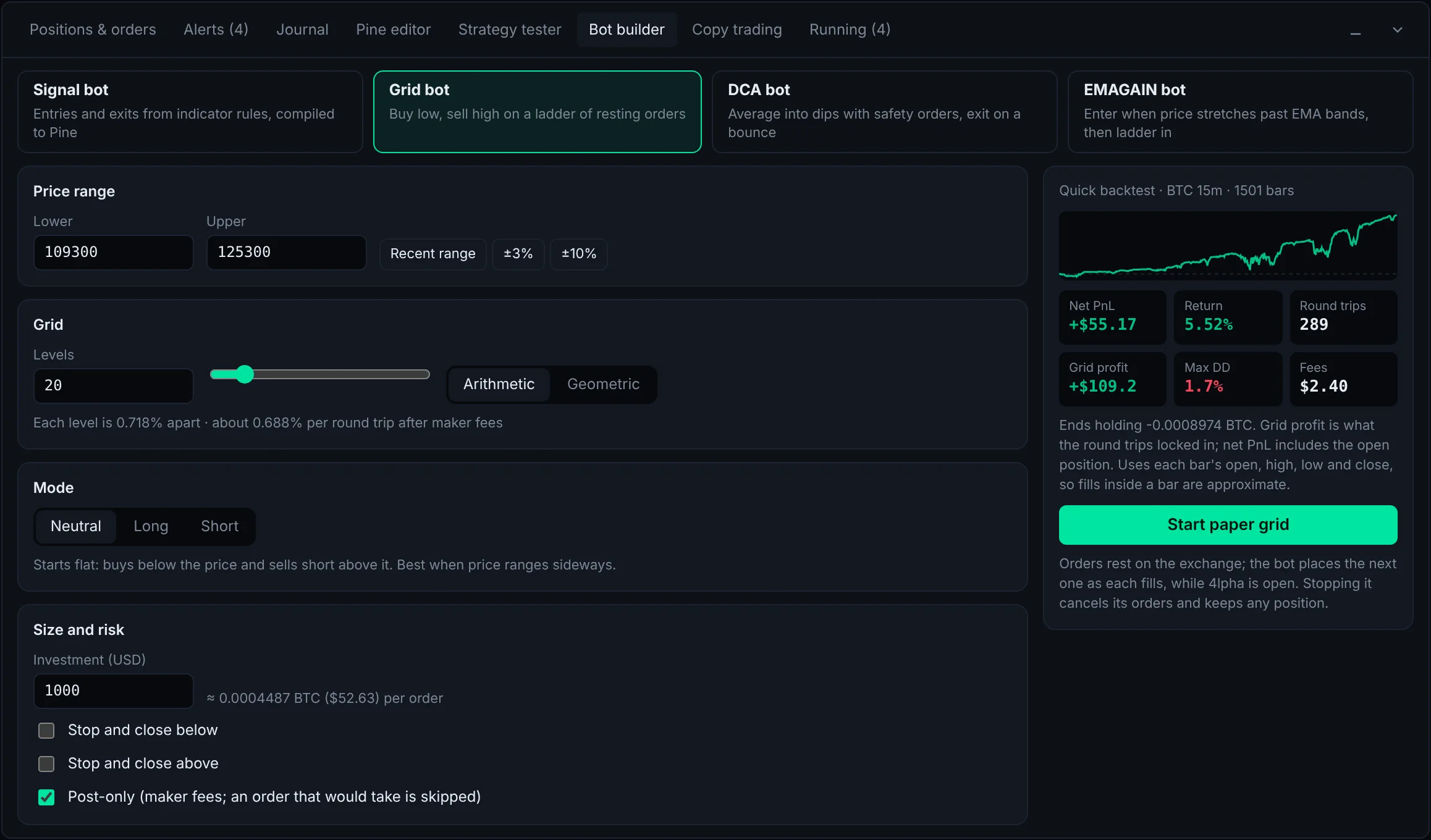 Grid bot builder with price range and grid levels