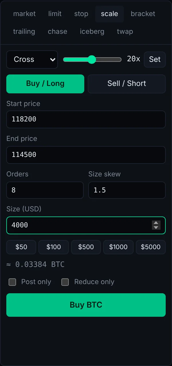Order ticket set up for a scale order of 8 orders