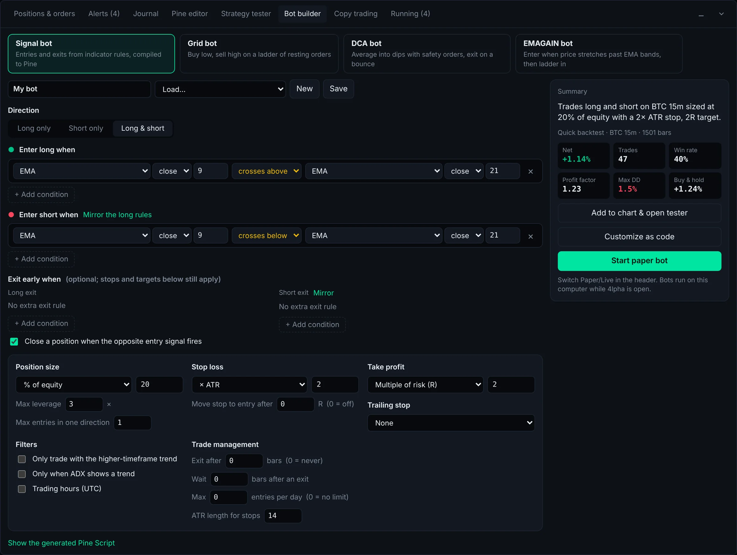 Signal bot builder with entry and exit conditions